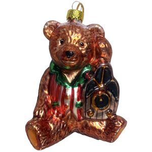 BRASS KEY BK Teddy Bear in Time Christmas Ornament Hand Blown Glass VTG 1999